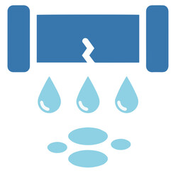 Leaking pipe vector icon. Broken water pipe with dripping water, representing a plumbing problem, water damage, or a need for repair.