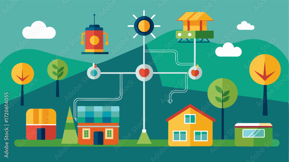 Poster a smart grid connecting multiple farms in a region allowing for better energy distribution and shari