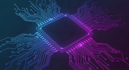A detailed illustration of a circuit board chip, highlighting intricate pathways and vibrant neon hues.