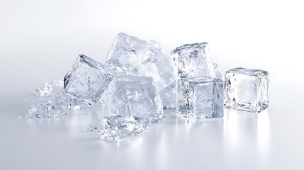 A group of ice cubes, some perfectly clear, others with tiny imperfections, all resting on a pristine white background with slight shadows beneath,