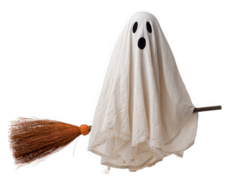 Ghost riding broom white sheet costume scared expression Halloween isolated spooky funny fear supernatural playful autumn holiday decoration fantasy creative imagination
