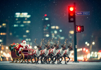 Santa Claus stopped at a traffic light with his sleigh