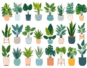 Collection of Houseplants in Pots: Diverse Greenery, Pixel Art Style