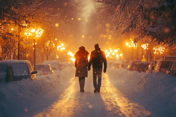 Couple walking down snowy street at night.