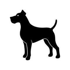 Black silhouette of a muscular dog standing alert on a white background