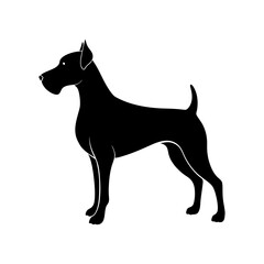 Black silhouette of a muscular dog standing alert on a white background