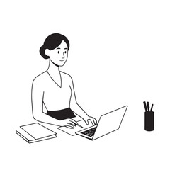 Black and white line art of a beautiful successful career woman working at desk with laptop illustration
