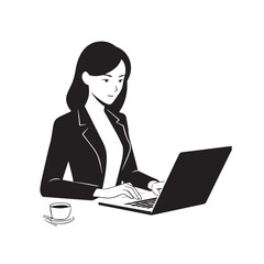Black and white line art of a beautiful successful career woman working at desk with laptop illustration
