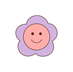 Groovy retro flower with happy pastel face and cute cartoon smile sticker. Groovy element as playful sticker, perfect for y2k inspired designs and fun positive themes with charming character