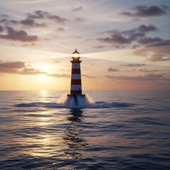 A solitary lighthouse stands tall against a tranquil sunset over the calm sea, radiating a warm, golden glow.