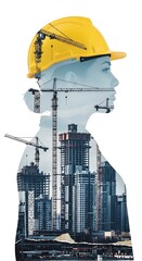 A profile view of a person with a construction site superimposed on their head and body, showcasing a female figure amidst a bustling urban construction environment.