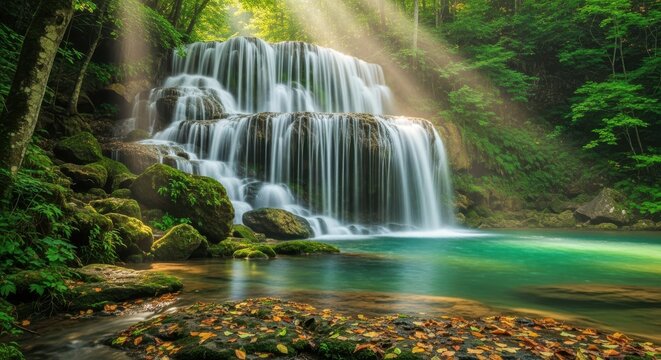 Serene waterfall in lush green forest with sunbeams streaming through trees
