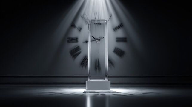 Transparent glass podium in front of large Roman numeral clock with dramatic light beams - Powered by Adobe