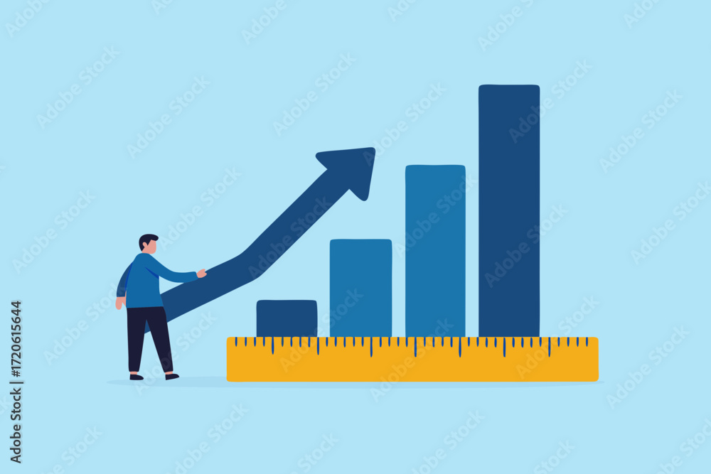 Aufkleber man points to upward trending bar graph supported by a ruler indicating growth and success