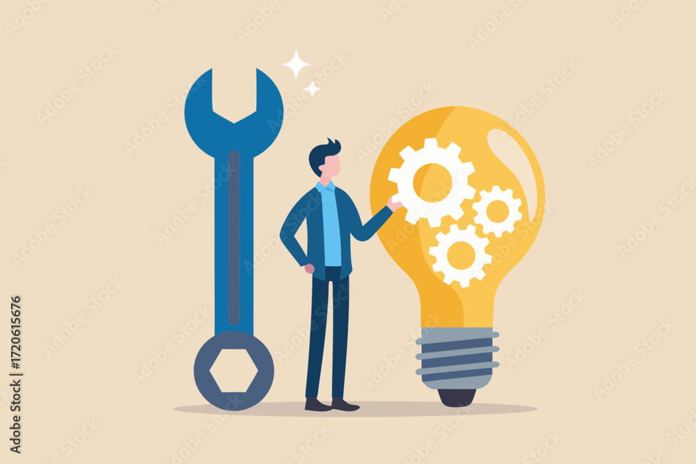 Poster man with wrench and lightbulb with gears representing innovation and problem solving in business