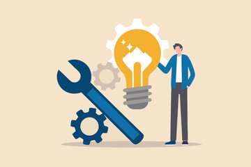 Man with tools and a lightbulb representing innovation and problem solving in business