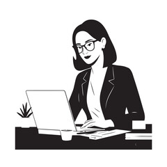 Black and white line art of a beautiful successful career woman working at desk with laptop illustration
