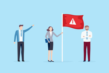 Business team encounters a warning sign on a red flag indicating a potential problem or risk