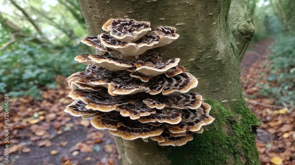 Aufkleber detailed view of shelf fungus growing on tree trunk in a lush forest setting