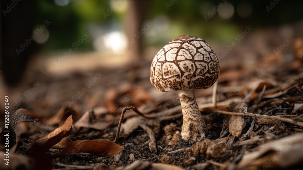 Aufkleber close-up of unique mushroom with intricate patterns surrounded by soft soil and fallen leaves in a n