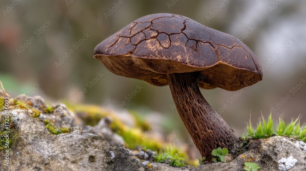 Poster close-up view of unique brown mushroom growing on stone surface in natural environment with soft bac