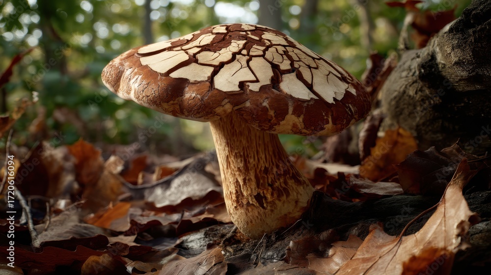Poster captivating close-up of a distinctively patterned mushroom surrounded by autumn leaves in a forest s