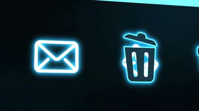 Neon blue email and trash can icons glow against a dark background. Simple, modern design.