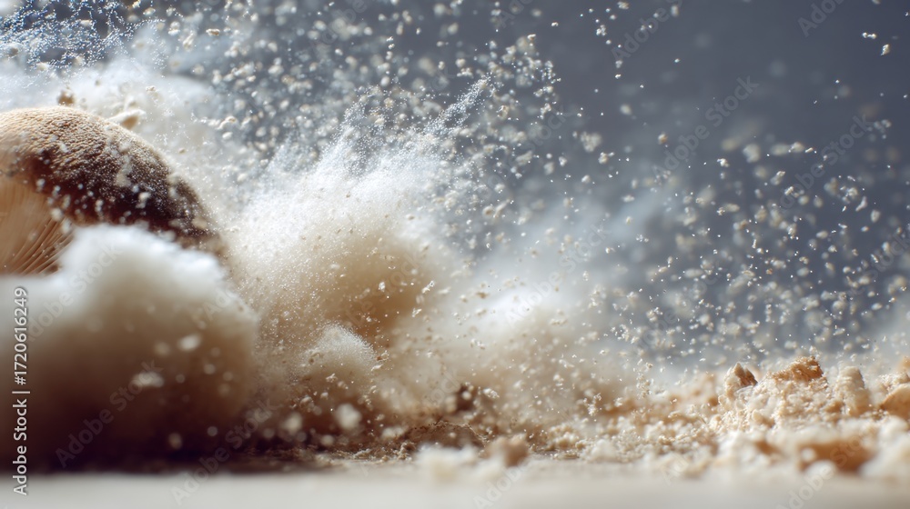 Aufkleber close-up of fine particles escaping from wood as a disc bursts through them creating a dynamic motio