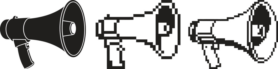 Obraz premium Three megaphones in different styles and colors on white background