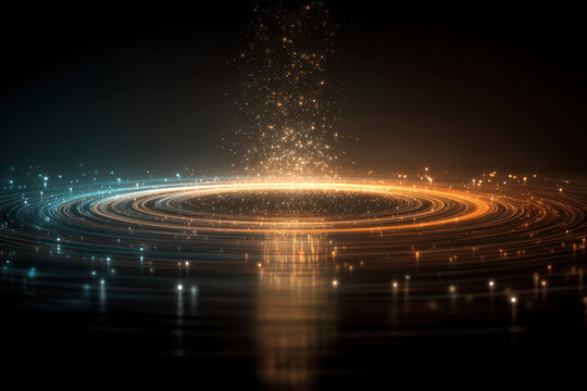 Glowing central podium surrounded by swirling elemental rings in cinematic display