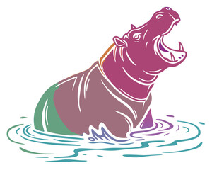 Hippo in water silhouette illustration  isolated on white background