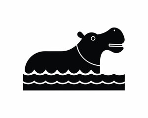 Hippo in water icon and logo silhouette illustration  isolated on white background