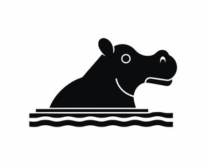 Hippo in water icon and logo silhouette illustration  isolated on white background
