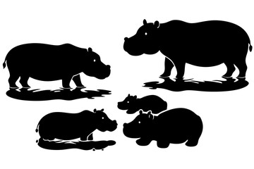 set of Hippo in water silhouette illustration  