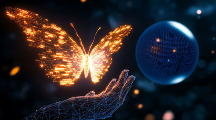 A butterfly built from glowing code snippets detaches from a wireframe hand sculpted from light, with a navy blue data sphere in the background,