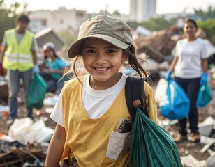 Child volunteer smiles amongst cleanup crew