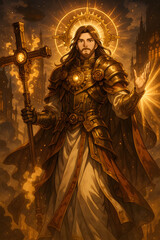 Divine armored figure of Jesus Christ with a glowing cross