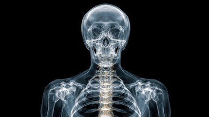 Detailed X-ray Image of Human Skeleton Highlighting Skull, Spine, and Rib Features for Medical and Educational Use