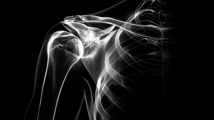 Detailed Human Shoulder Anatomy X-Ray Illustration Showing Muscles, Bones, and Joint Structure in High Contrast Black and White