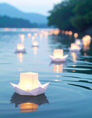 Floating paper lanterns on river at night