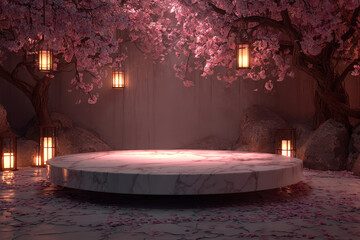 White marble podium surrounded by cherry blossom trees and glowing lanterns at night