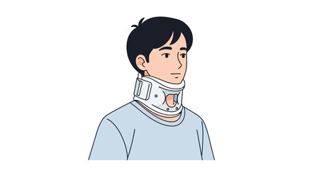 a person with short black hair wearing a blue shirt and a neck brace. The expression is neutral, suggesting a calm demeanor.