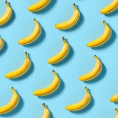 Seamless pattern of simple yellow banana icons arranged on light blue background, flat lay style minimal tropical fruit design, playful repeating decorative texture for fresh summer concepts