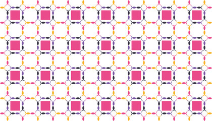 Bright magenta square pattern linked with multicolored oval shapes, creating a playful and contemporary grid