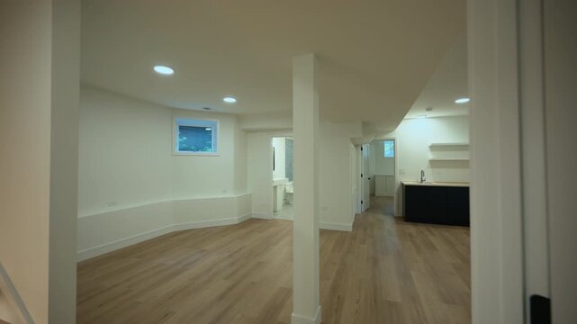Renovated basement room with light wooden flooring, smooth white walls, and recessed ceiling lights creating a contemporary living space. Camera move in