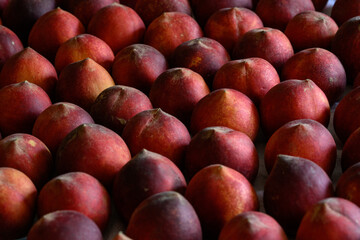 Beautiful tasty fresh peaches laying out on a table with bright red, orange and peach colors.