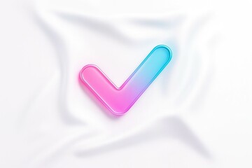 Vibrant pink and blue gradient check mark symbol with soft shadows on a white draped fabric background for a clean and modern design