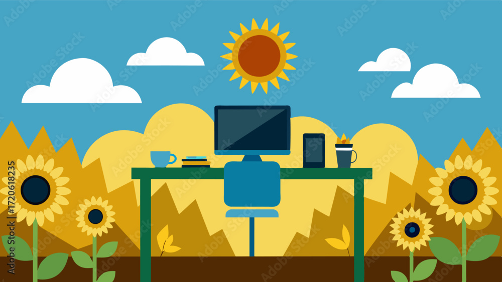 Poster a unique workspace for the modern remote worker a sunflower field as far as the eye can see.. vector