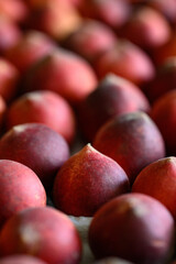 Beautiful tasty fresh peaches laying out on a table with bright red, orange and peach colors.