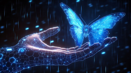 A glowing sapphire butterfly departs a hand constructed of hexagonal mesh and AI circuits, with a soft digital rain background and glowing outlines,